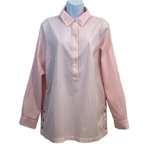 Talbots Pink & White Pinstripe 3/4 Button Up Tunic Shirt Women's 8 Petite